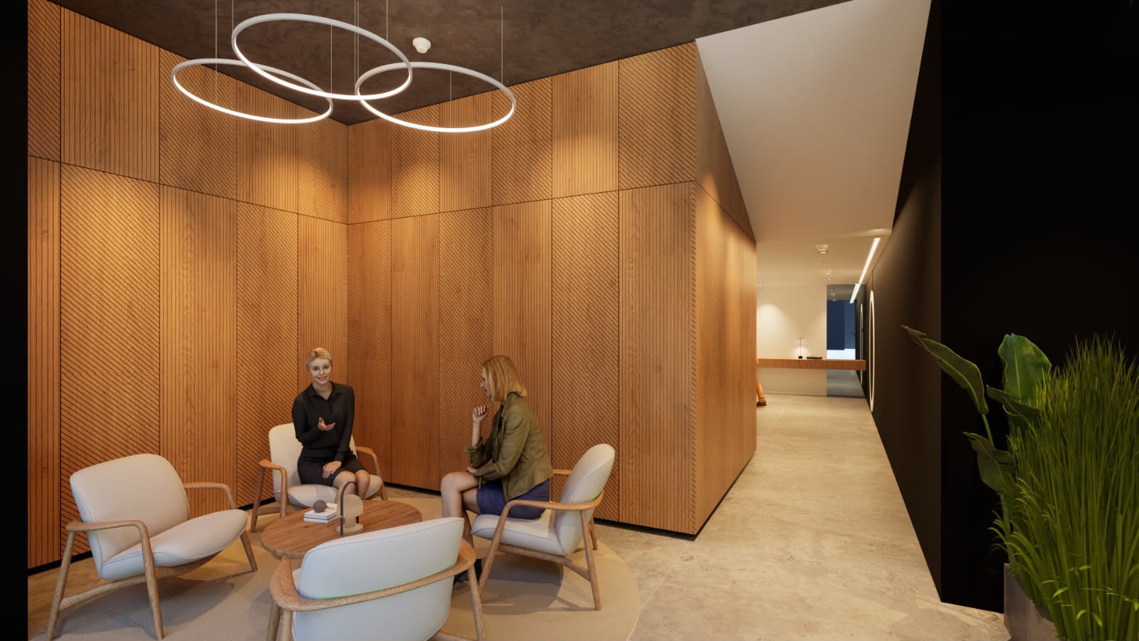 Estar del lobby de Horus Art 4, con sillones y panelado de madera