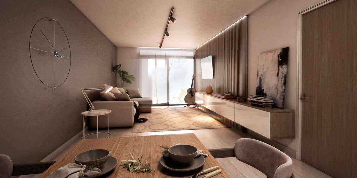 Interior tipo de Horus Art III: estar y comedor con salida a balcón