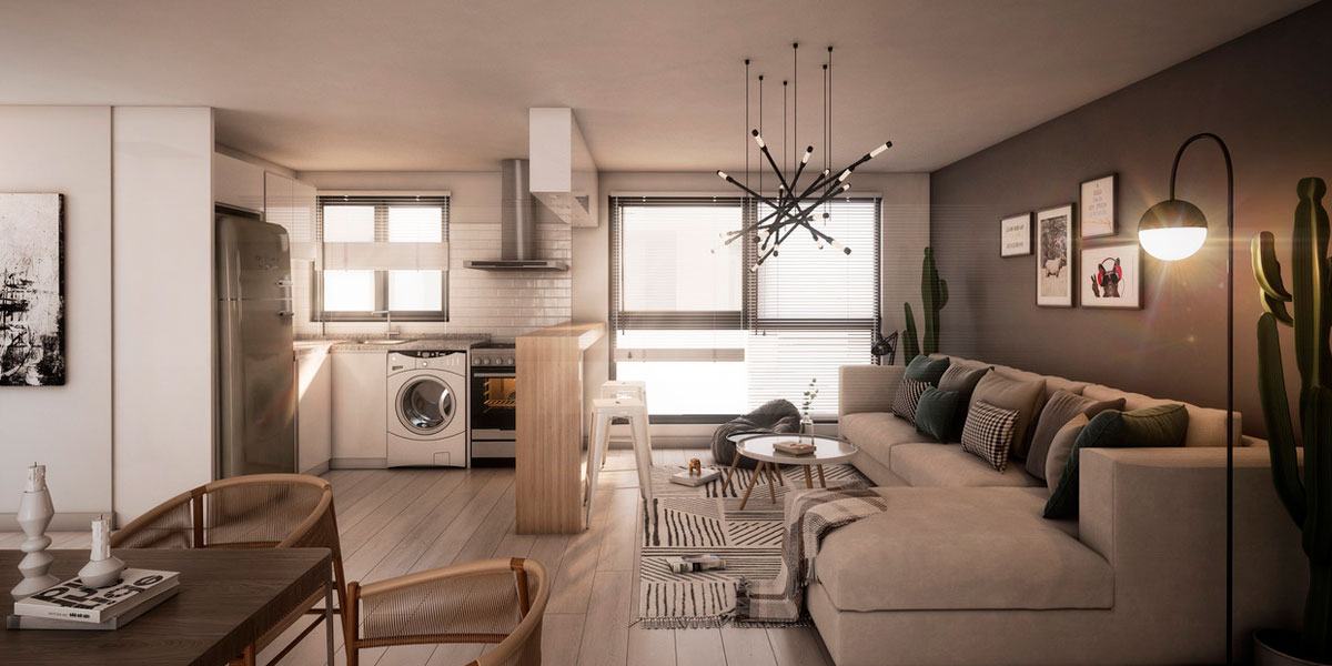 Interior tipo de Horus Art III: living integrado con cocina